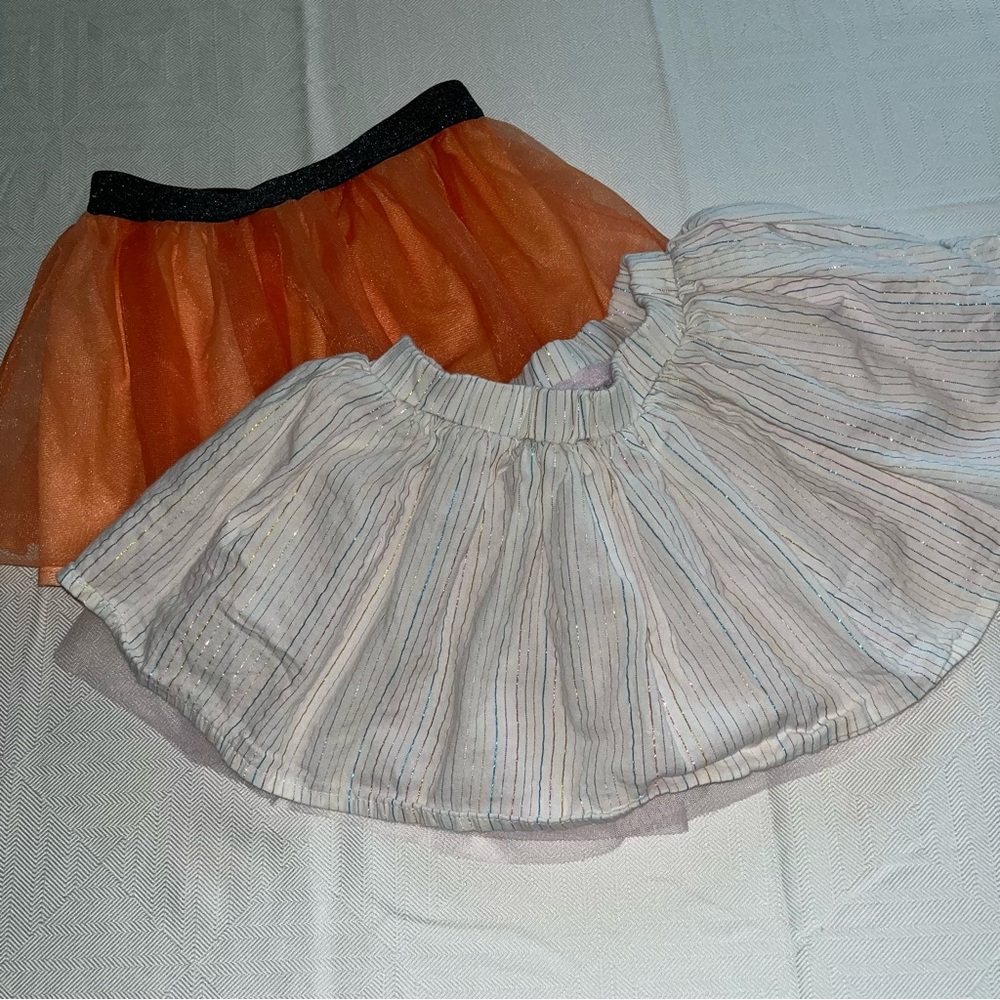 Elastic Waist Skirts with Tulle Set of 2 Orange Skirt & White Metallic Stripe 2T